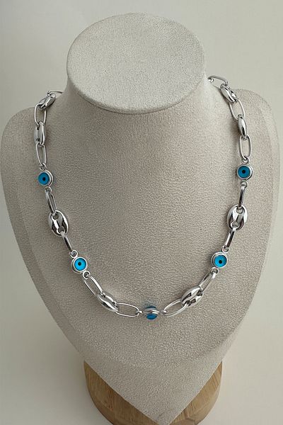 Modex Silver Color Evil Eye Detailed Sailor Necklace (40cm)