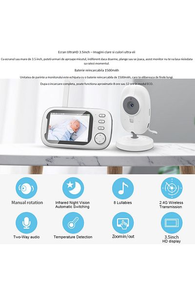 Smart Vibe Baby Monitor Wifi Hellokid™ Opti 3,5” Ai Nightvision Hd, Monitorizare 360, Mod Vox, 8 Cantece, Alb
