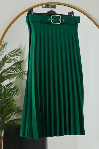 Foremia Belt Detail Pleated Atlas Skirt-Emerald Green