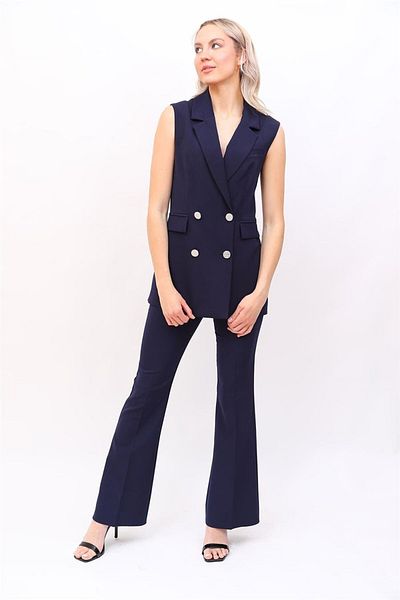 ÖNDER ÖZSOY Blazer Vest & Flared Leg Trousers-Navy Blue