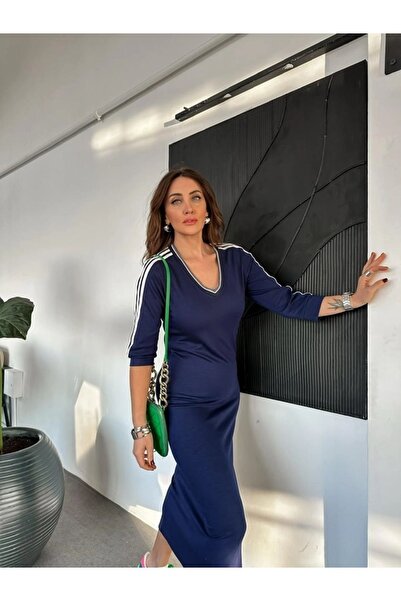 QİMYA BUTİK EGZOTIC Asortik Γυναικείο φόρεμα με λαιμόκοψη σε σχήμα V και μακρύ μανίκι με 3 ρίγες, μίντι μήκους, χτενισμένο βαμβακερό φόρεμα