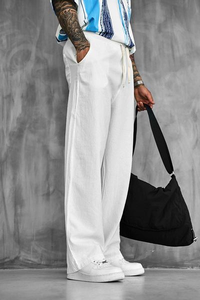 ablukaonline Men's Baggy Fit Linen Look Trousers White