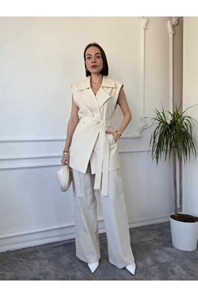 QİMYA BUTİK MAGARDE Women's Mid-Length Belted Vest and Loose Trousers Double Linen Set