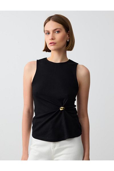 Jimmy Key Black Round Neck Sleeveless Shirring Detailed Knitted Blouse