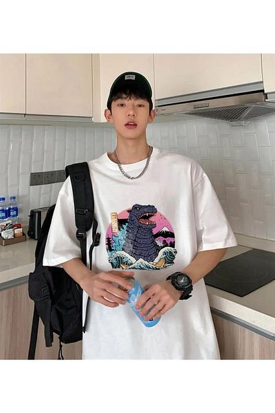 ELNOYA White Oversize T-Shirt |   Godzilla Printed Colorful Oversize T-Shirt
