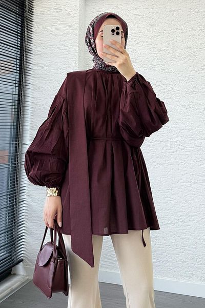 MELEK ARAZ Off-The-Shoulder Pleated Voile Tunic – Plum