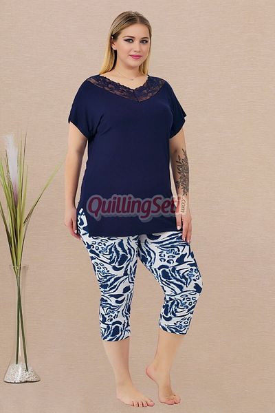 quilling Navy Blue White Color, Flower Patterned 10734 Cotton Big Size Leggings and Capri Mother Pajamas Set