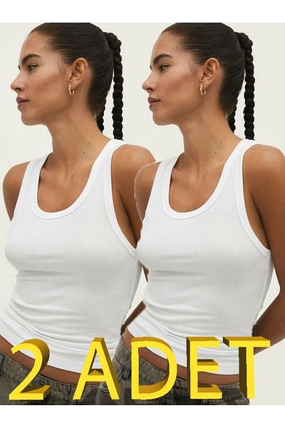 AŞAR MODA TEKSTİL Women's Athlete Ribbed Look Wide Strap Basic Athlete 2 Pcs