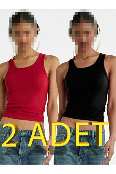 AŞAR MODA TEKSTİL Kadın Atlet Fitilli Görünümlü Geniş Askılı Basic Atlet 2 li...