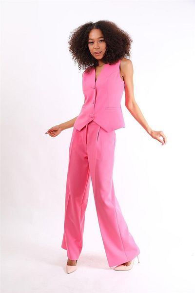 ÖNDER ÖZSOY Classic Vest & High Waist Loose Wide Leg Pants Suit-Pink
