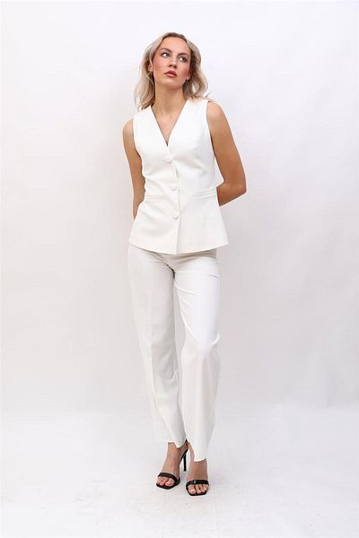 ÖNDER ÖZSOY Long Classic Vest & Wide Leg Pants Suit-White