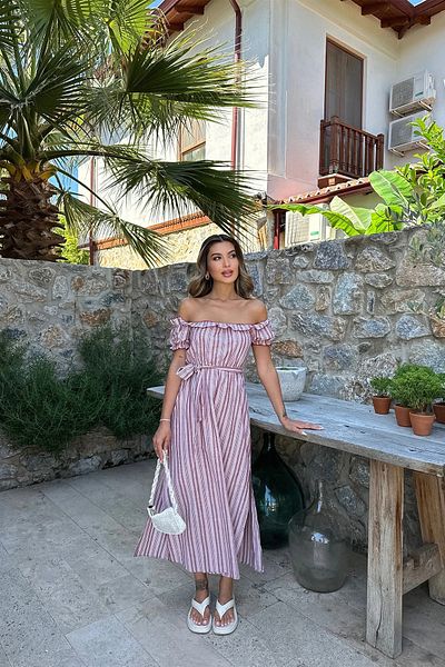 Stil Sepeti Women Red Striped Madonna Collar Short Sleeve Belted Slit Detail Midi Dress Tll-1000478501
