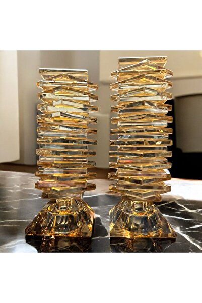 Peramari Dekoratif Kristal Cam İkili Kare Kesme Şamdan Şeffaf Bal Rengi