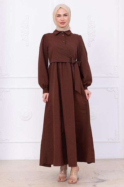 hafsamina Side Tie Hijab Dress Brown Hm2753