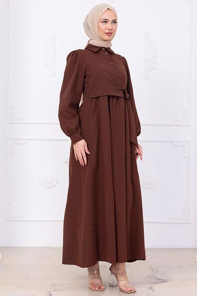 hafsamina Side Tie Hijab Dress Brown Hm2753