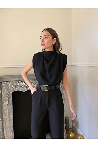 QİMYA BUTİK Magarde Women's Degaje Collar Padded Basic Blouse