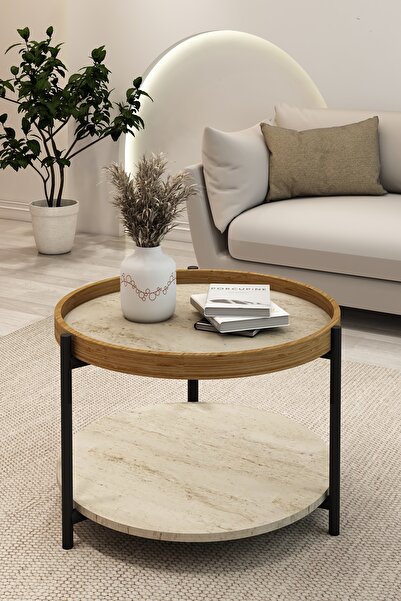 TALAŞTOZUM Traverten Desen Ahşap Çerçeveli Orta Sehpa 2 Katlı 60 Cm.