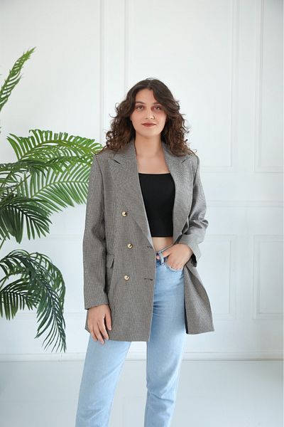 PARKDERİN Plus Size, Long, Gold Buttoned, Houndstooth Pattern, Blazer Jacket