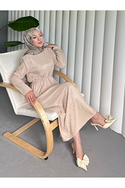 Modamorfo Padded Shoulder Lace up Wrap Dress -Beige