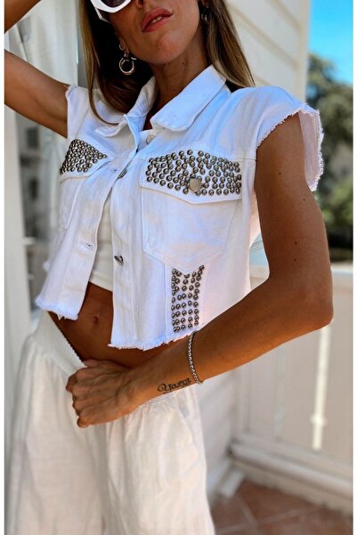 SAGİ JEANS Women's Denim Vest with Front Pocket Studded Sleeves and Cut-Out S...