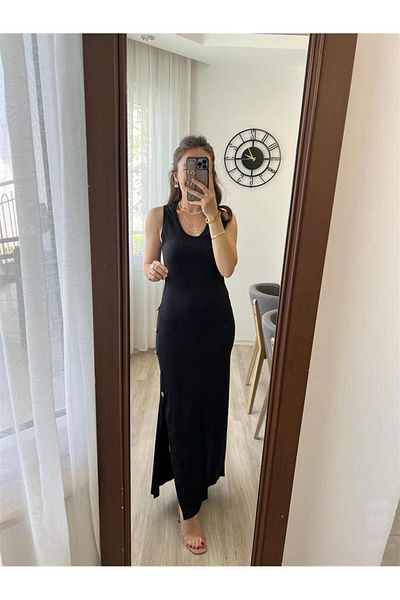 BUKETLİ Women's Side Slit Button Detailed Viscose Sleeveless Dress