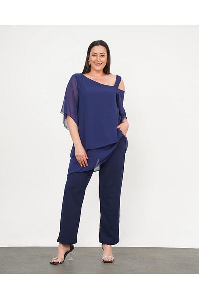 Butik Nilyam Women's Plus Size Chiffon One Shoulder Suspender Detailed Blouse Stretchy Pants Evening Dress Suit 24718