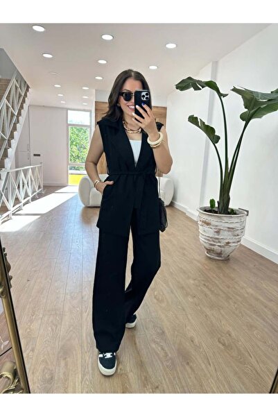QİMYA BUTİK MAGARDE Women's Mid-Length Belted Vest and Loose Trousers Double Linen Set