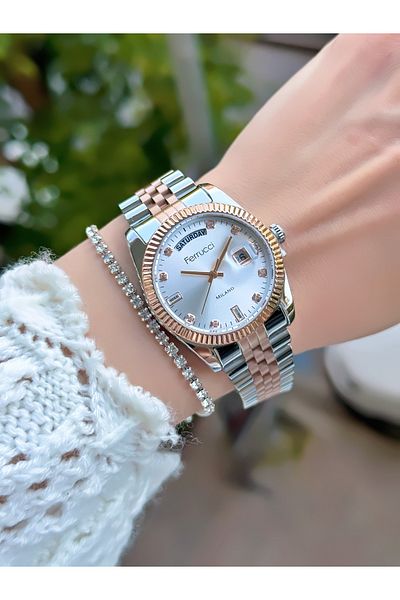 Ferrucci Woman's Wrist Watch with Steel Cord Calnder 3 Atm Waterproof 2 Years Warranty