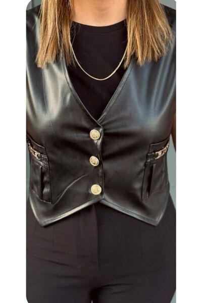 QİMYA BUTİK Vestă din piele cu lanț de buzunar cu nasturi aurii