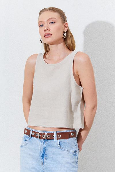TENA Women's Natural Crew Neck Sleeveless Back Half Zip Linen Blouse