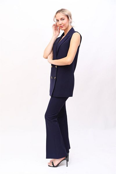 ÖNDER ÖZSOY Midi Length Classic Vest & Flared Trousers-Navy Blue