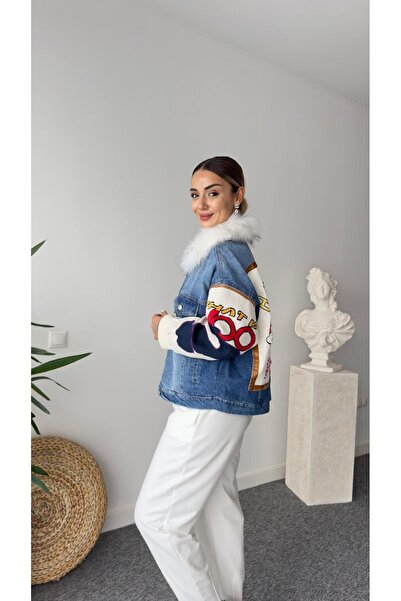 QİMYA BUTİK Жіноча джинсова куртка ROBIN з кольорового трикотажу з детальним рукавом, кольоровою вишивкою на спині та ребристою внутрішньою стороною