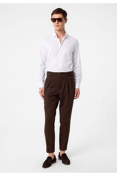 Antioch Dark Brown High Waist (Boyfriend) Pleated Fabric Trousers