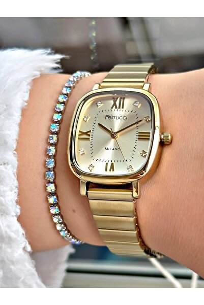 Ferrucci Altın Renk Kare Roma Rakamlı Model Garantili Kadın Kol Saati + BİLEKLİK