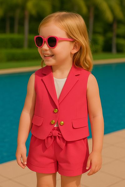 Yalçınoğlu Kids Girl's Pink Summer Suit – Muslin Fabric Vest & Shorts Set - Stylish Summer Triple Set - Girl's Jewelry
