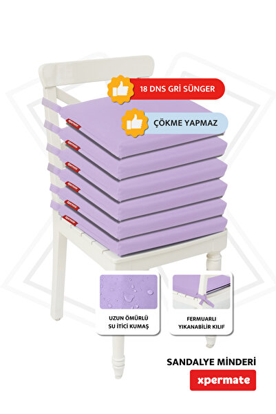 XPERMATE Fermuarlı 6'lı Sandalye Minderi Su Itici Kumaş 40x40 Cm Sünger Sandalye Minderi Bağcıklı Lila