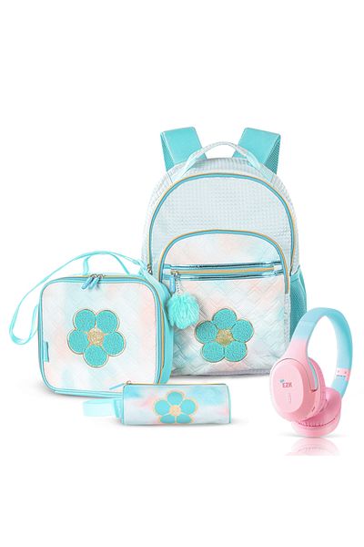 Eazy Kids مجموعة من 4 حقائب ظهر مقاس 18 بوصة مع سماعة رأس بتقنية البلوتوث، وحقيبة غداء، وحافظة أقلام - لون أخضر فلورا