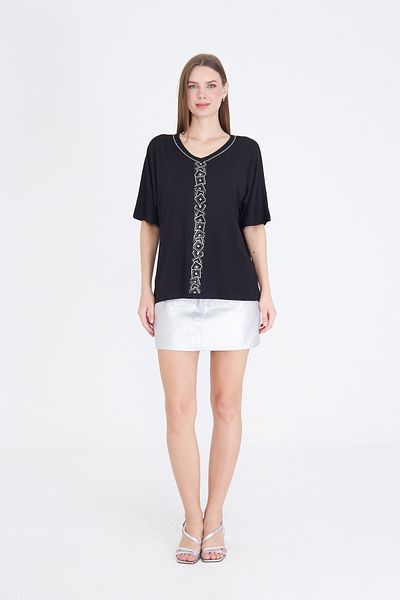 Brevia Black Geometric Pattern Stone Embroidered Short Sleeve Lycra Women's Combed Cotton Blouse