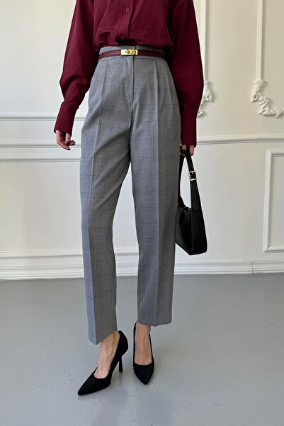 QİMYA BUTİK Magarde Women's Plaid Ankle Length Pleated Fabric Carrot Pants