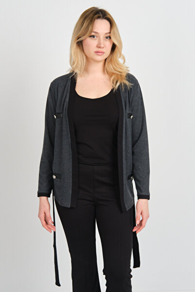 Sistas Women's Waist Tie Detailed Ornamental Pocket Jacket 23955 Anthracite