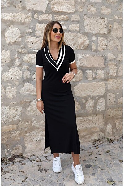 QİMYA BUTİK Γυναικείο φόρεμα με φαρδιά ριμπάντες με λεπτομέρειες Y άνοιγμα μα...