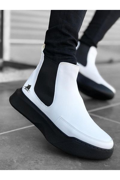 Byshoes BA0150 Laceless Strapped Men's High Sole White Black Sole Sports Boots