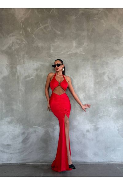 QİMYA BUTİK BIG FASHION Women's Window Drawstring Detail Halter Neck Deep Slit Stylish Dress