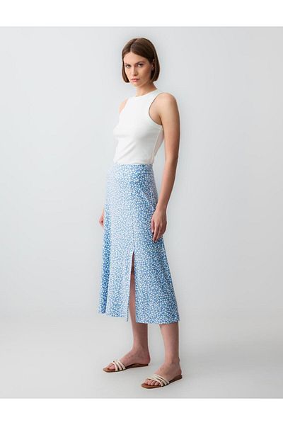 Jimmy Key Blue Floral Patterned Regular Waist Slit Midi Knitted Skirt