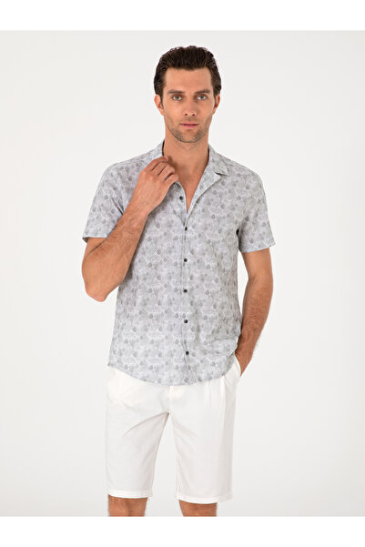 Cacharel Yeşil Regular Fit Keten Karışımlı Desenli Kısa Kollu Gömlek 50302528...