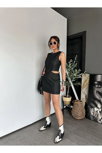 QİMYA BUTİK KLEIN Women's - Sleeveless Short Jeans Dress with Window Detail on Waist