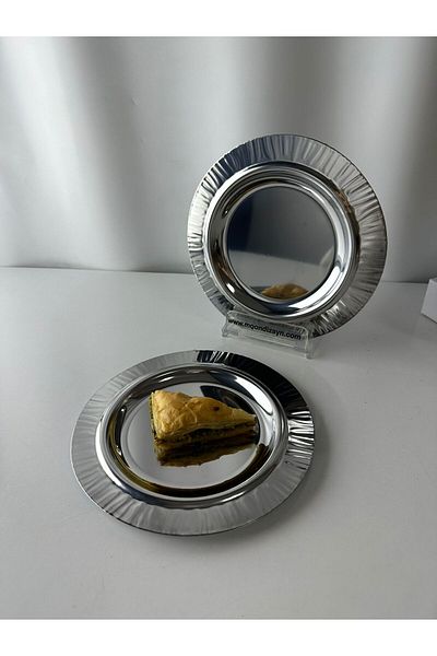 Moon Dizayn 2-Piece Metal Presentation Catering Dessert Plate Künefe Pasta Plate Stainless Steel Set of 2