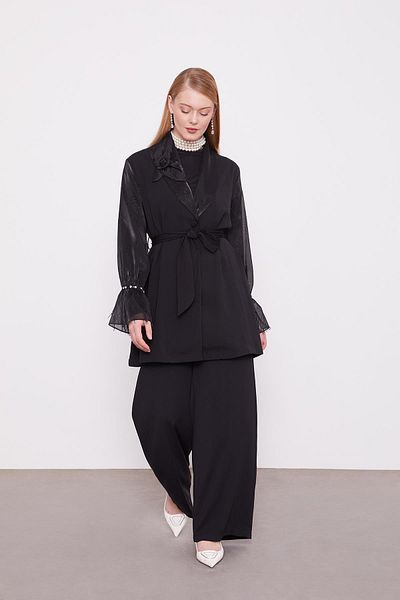Levidor Black Triple Tassel Cuff Detailed Jacket Set