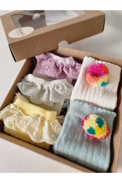 Moonys Socks Collection Kız Bebek Özel Seri Fisto ve Ponpon Detaylı 5'li Çora...