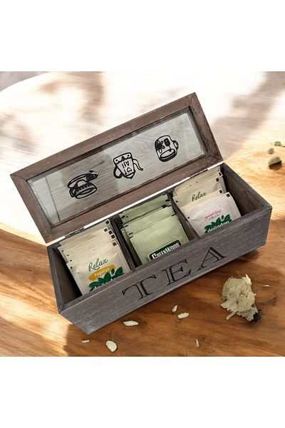 AHİR TİCARET Bamboo-Wood 3 Compartment Tea Box with Lid